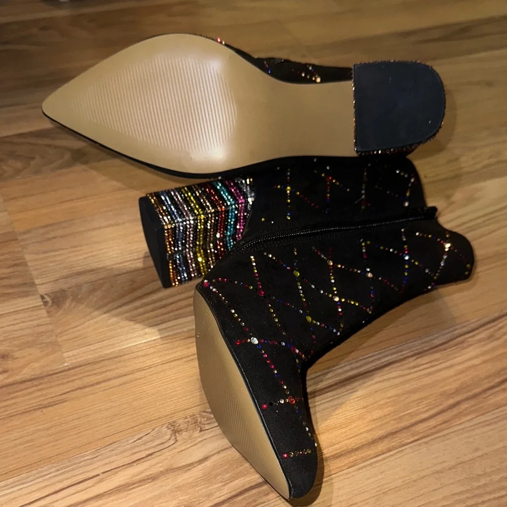 Black Quilted Rhinestone Ankle Boots with Beaded Block Heel